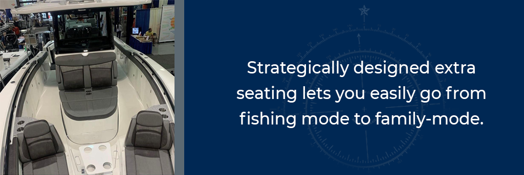 Strategically designed extra seating lets you easily go from fishing mode to family-mode - Image of the seats on the deck of a Crevalle center console bay boat