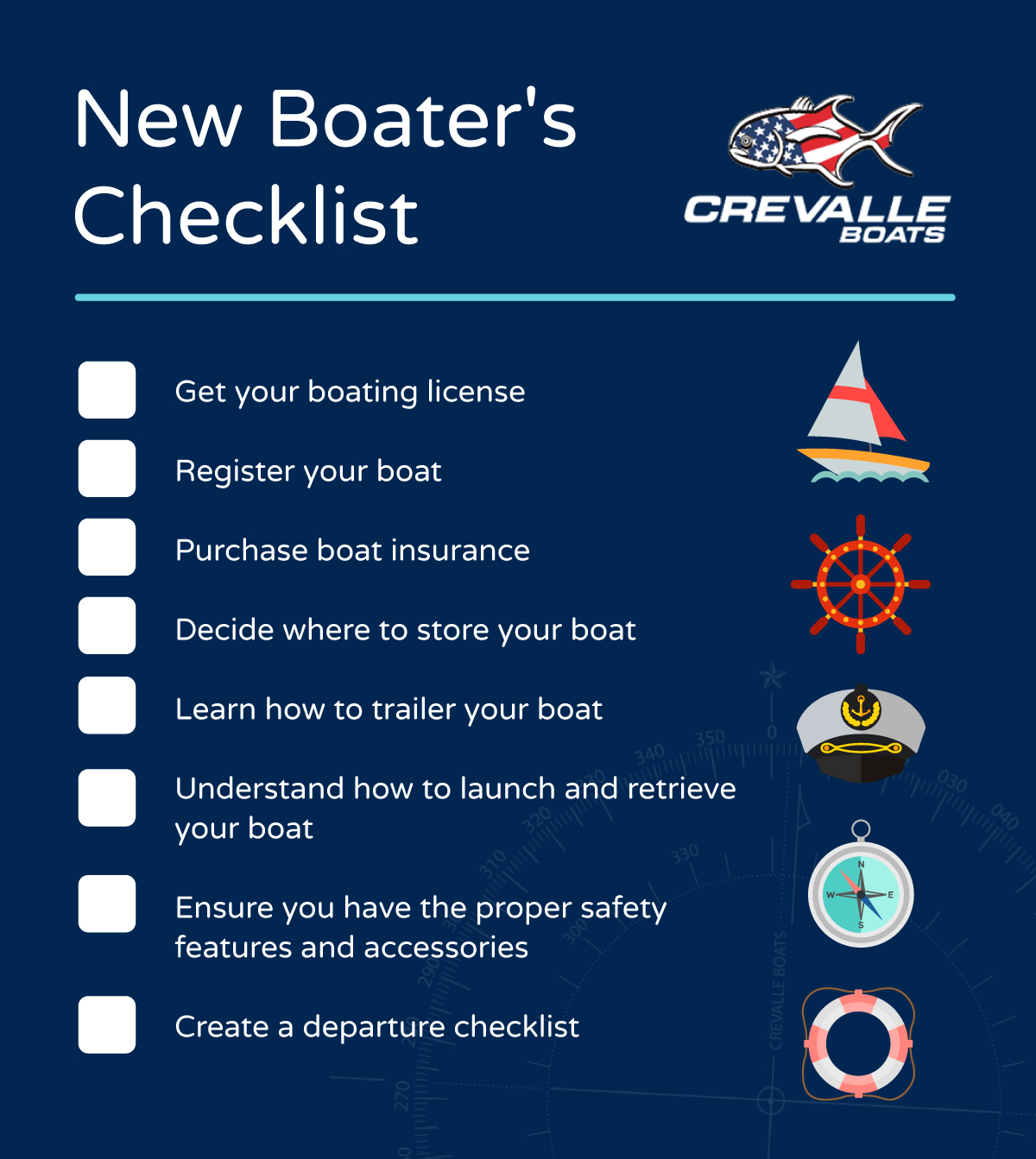 New Boater's Checklist 1. Get your boating license 2. Register your boat 3. Purchase boat insurance 4. Decide where to store your boat 5. learn how to trailer your boat 6. Understand how to launch and retrieve your boat 7. Ensure you have the proper safety features and accessories 9. Create a departure checklist
