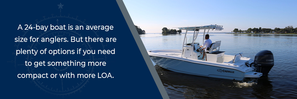 A 24=bay boat is an average size for anglers. But there are plenty of options if you need to get something more compact or with more LOA - Image of a man in 26 foot Crevalle bay boat