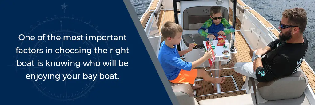 One of the most important factors in choosing the right boat is knowing who will be enjoying your bay boat - Man and children seated at a table and cushioned seats on the deck of a Crevalle bay boat